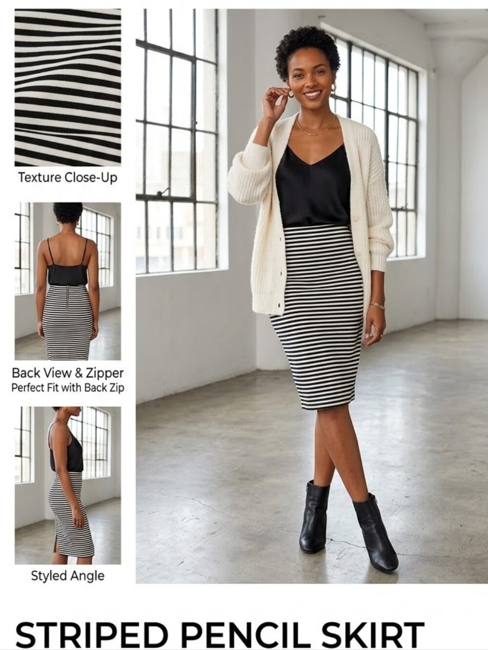 Forever 21 Black and White Striped Ribbed Pencil Midi Skirt S